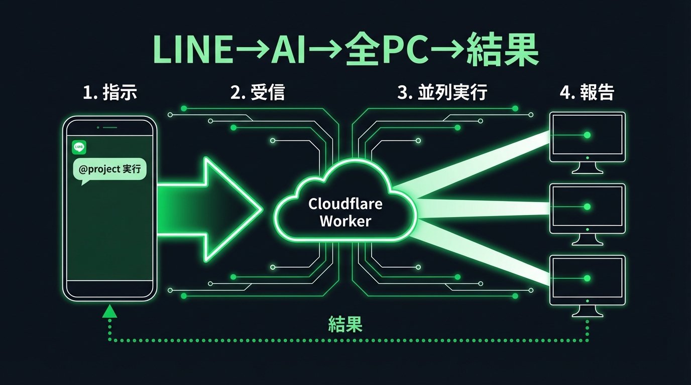 LINE→AI→全PC→結果 の4ステップフロー